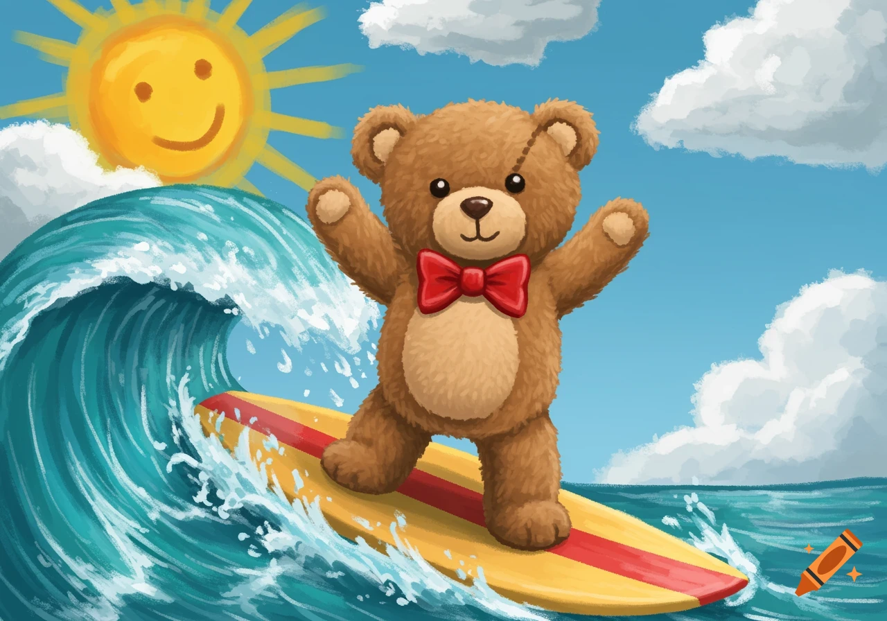 Illustration of a teddy bear surfing on a wave under a smiling sun.