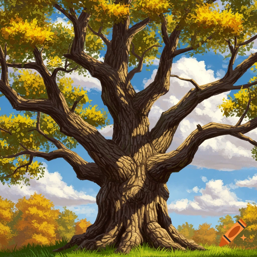Large old tree with yellow leaves in a grassy field under a cloudy sky, illustration style.