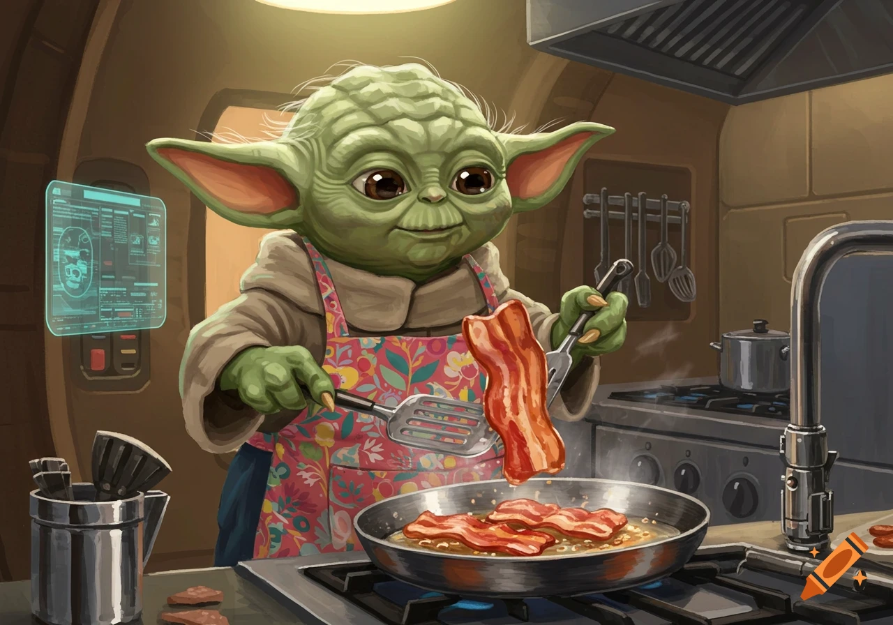 Cartoon style illustration of Yoda cooking bacon in a skillet.