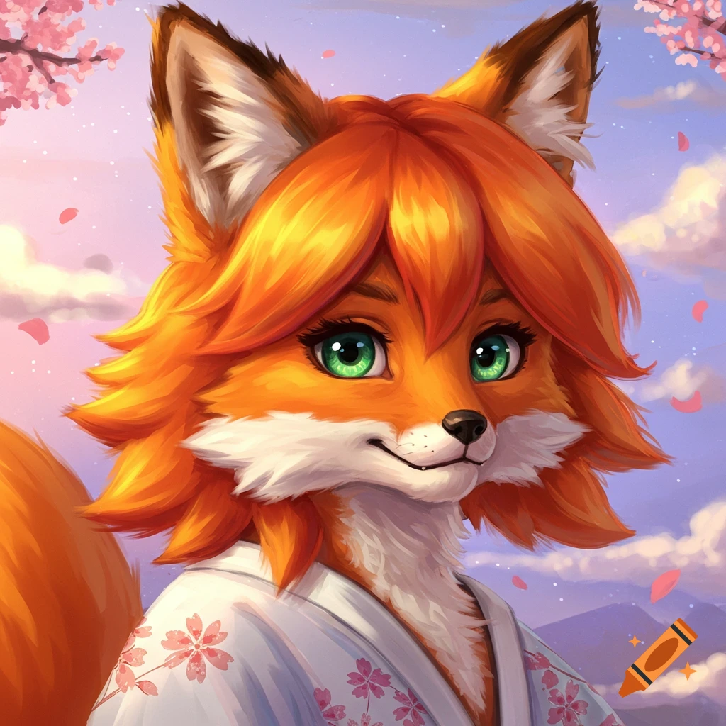 An anthropomorphic fox with green eyes wearing a white kimono with pink cherry blossoms, against a sky with clouds and cherry blossoms.