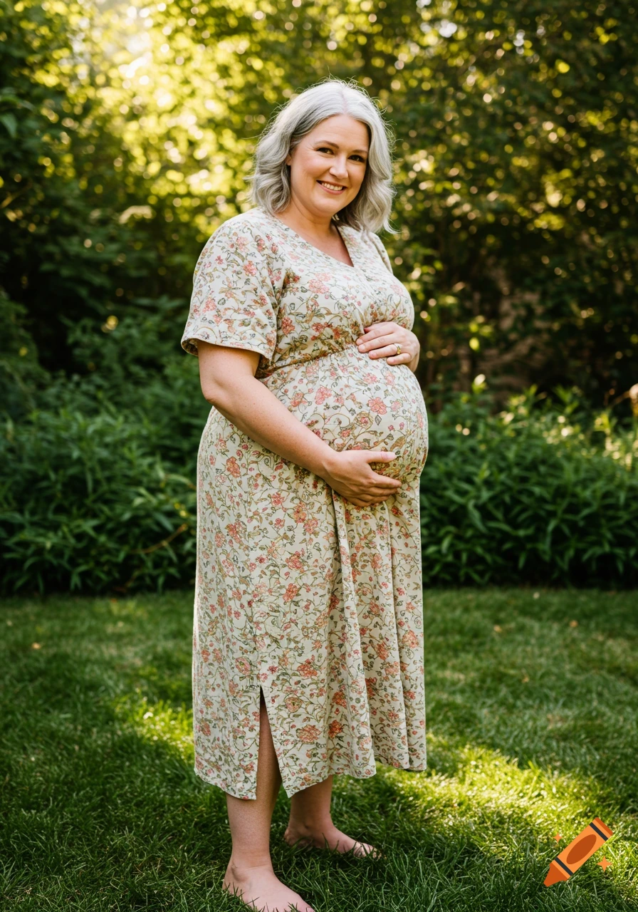 A smiling pregnant woman in a floral dress stands in a garden, holding her belly.