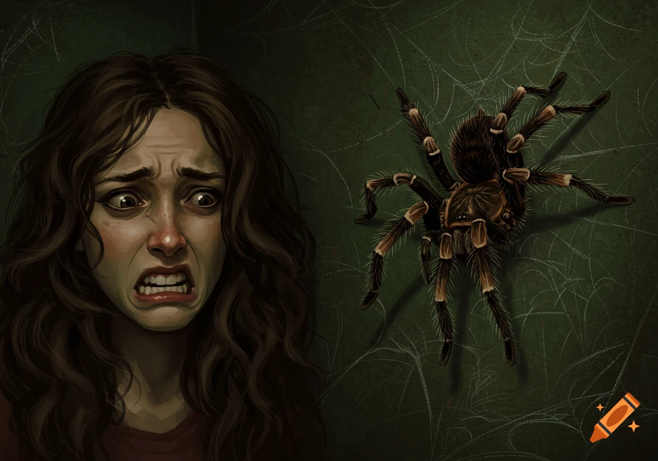 An illustration of a woman looking terrified at a large tarantula on a wall with cobwebs.