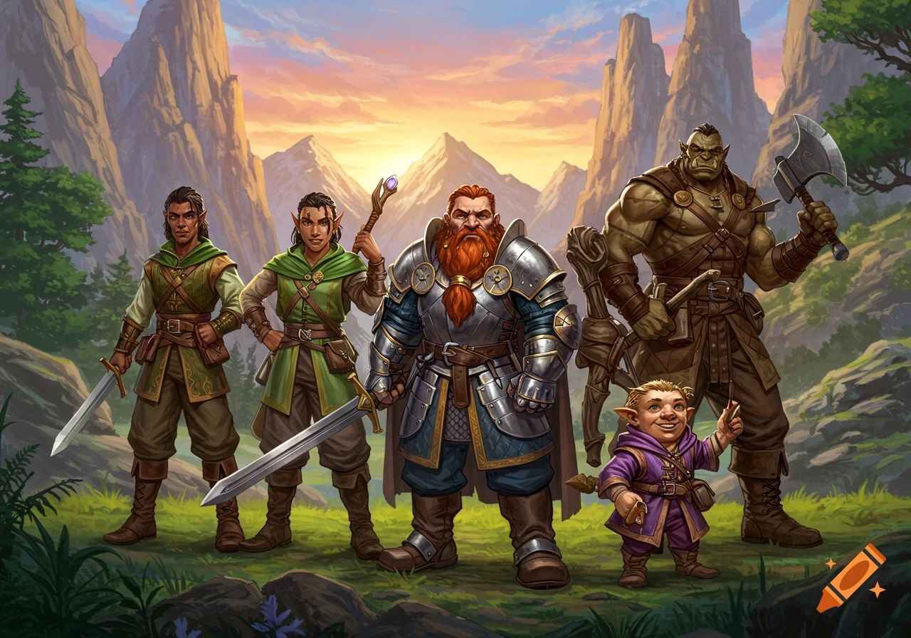 A diverse party of fantasy adventurers, including elves, a dwarf, an orc, and a halfling or gnome, stands in a mountainous landscape.