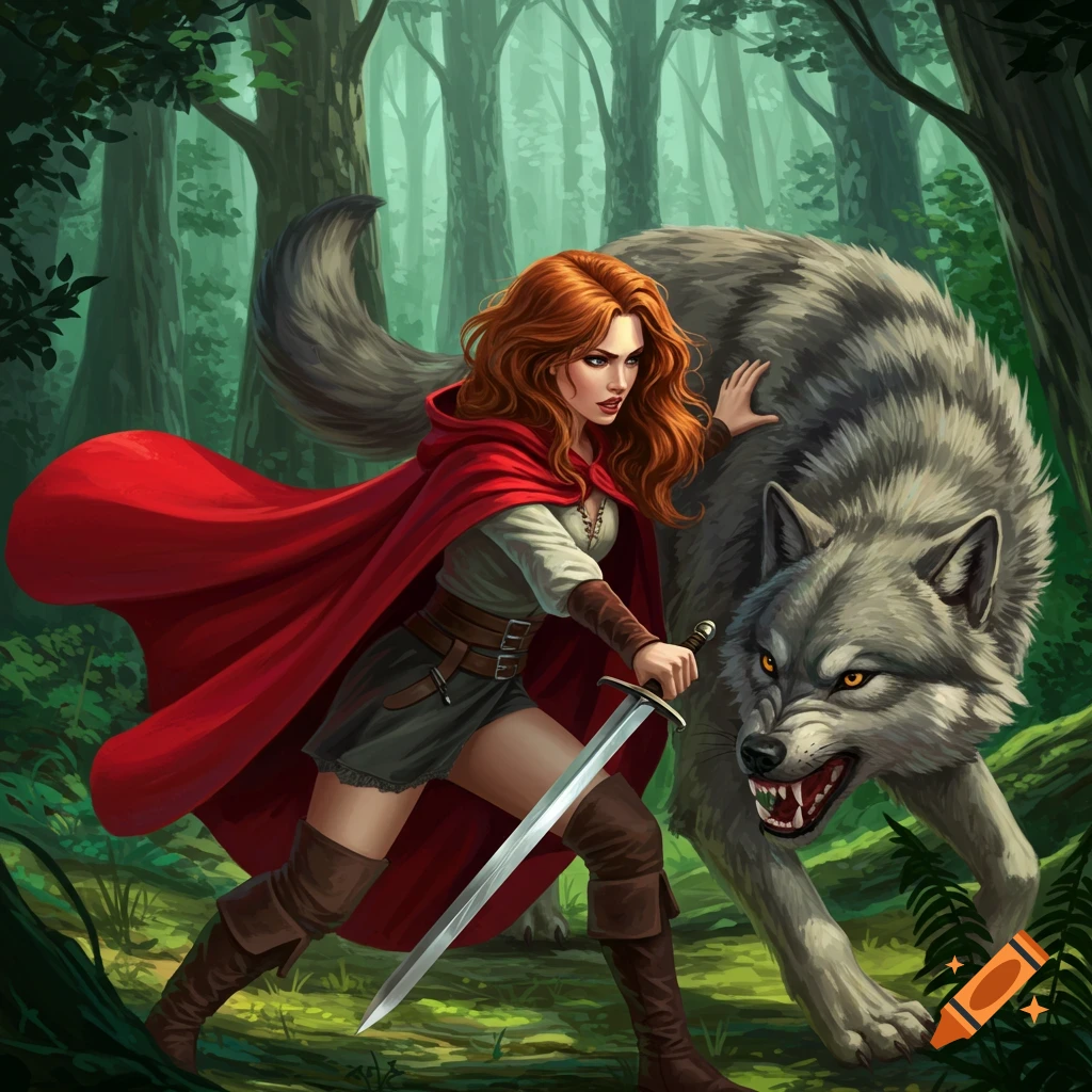Fantasy illustration of a girl in a red cloak fighting a large grey wolf with a sword in a forest