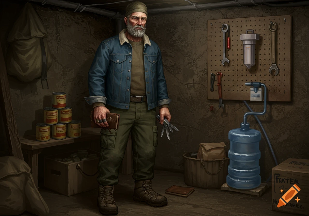 Older man with a beard wearing a denim jacket stands in a basement with survival supplies, illustration.