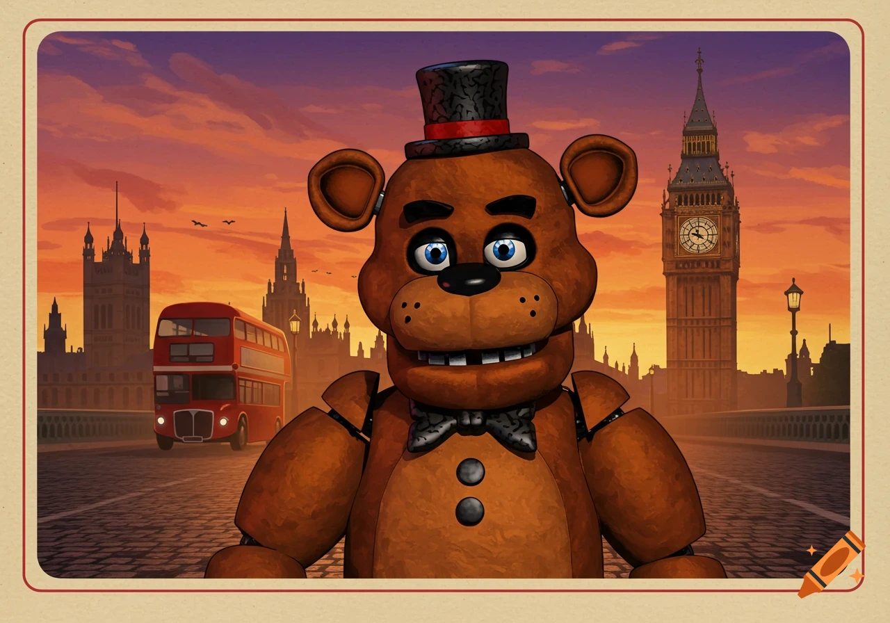 Freddy Fazbear the bear standing on a London street with Big Ben and a double-decker bus in the background, illustration style