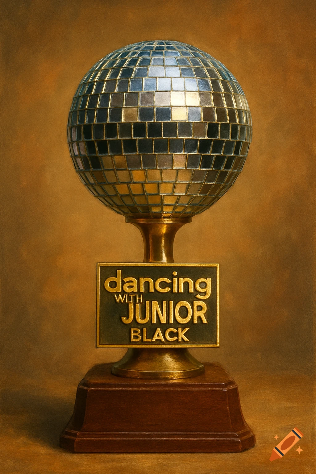 A photorealistic image of a mirrorball trophy with a plaque reading 'dancing WITH JUNIOR BLACK'.