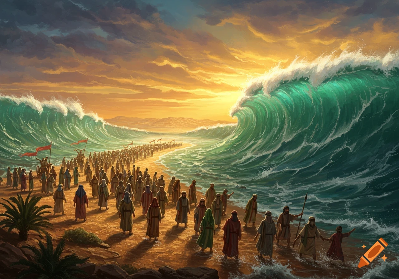A large crowd walks on dry ground between towering parted waves under a dramatic sunset sky.