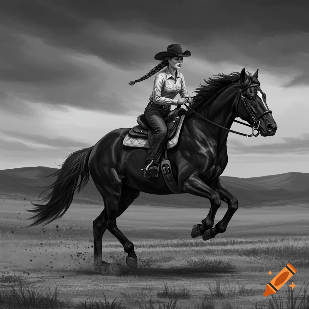 Black and white illustration of a cowgirl riding a galloping horse.