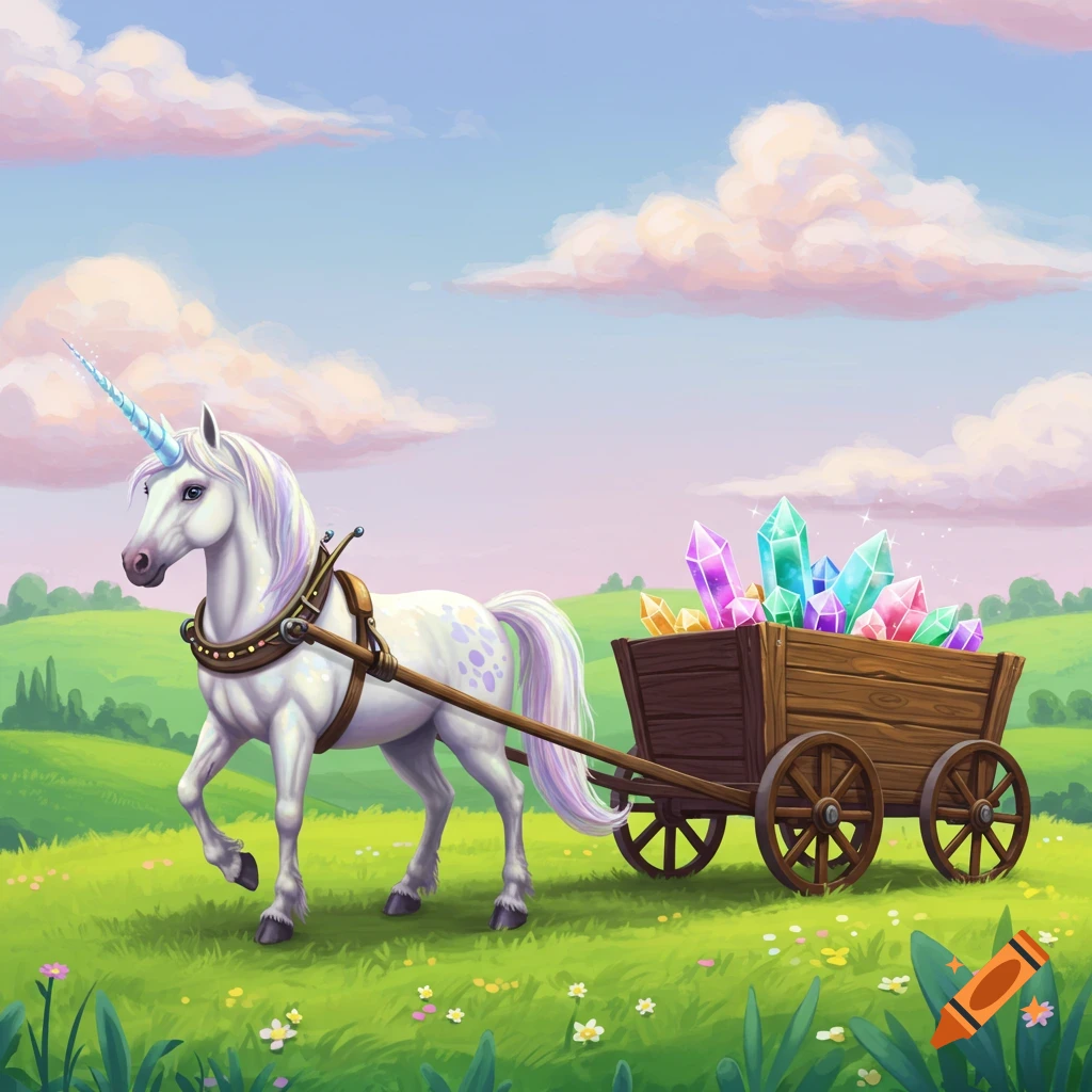 A white unicorn with purple spots pulls a wooden wagon overflowing with colorful crystals through a green field under a cloudy sky in a whimsical illustration style.