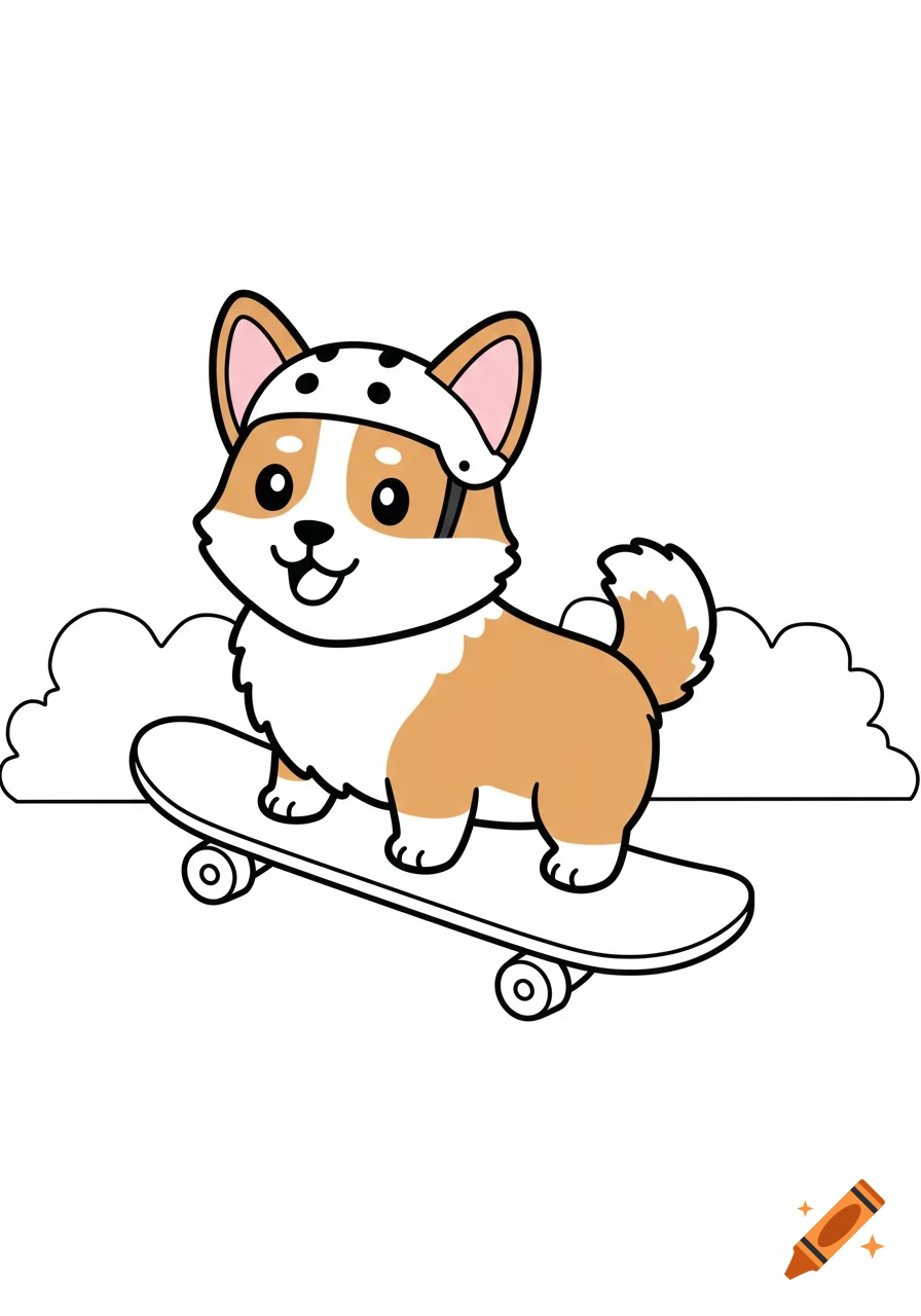 Cartoon corgi on a skateboard coloring page.