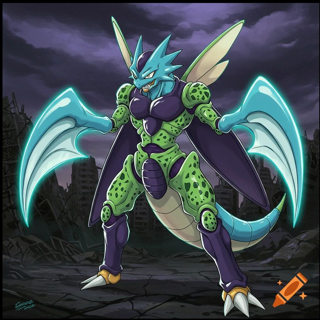 Fusion of Scyther and Perfect Cell standing in a ruined city.