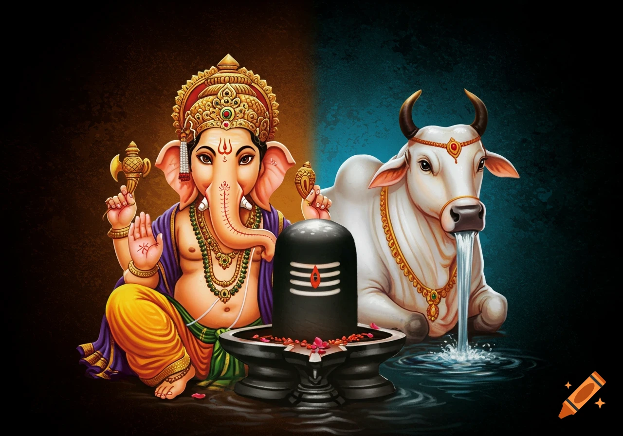 Illustration of Ganesh sitting next to a Shivling while a white bull (Nandi) pours water onto it.