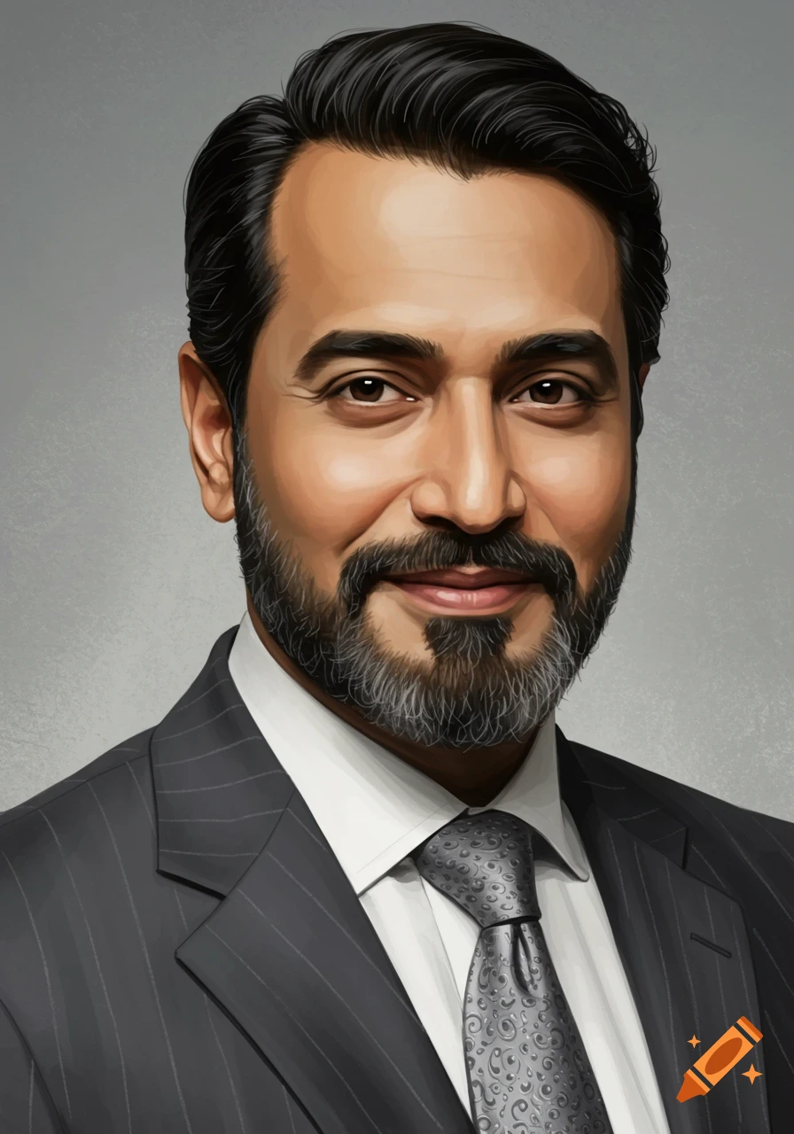 Portrait of a man with a beard wearing a pinstripe suit and tie.