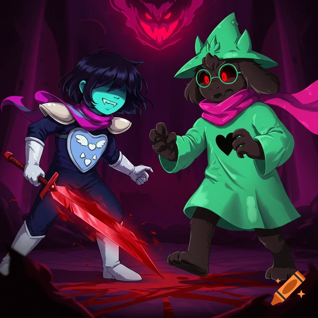 Kris with a glowing red sword faces Ralsei in a dark fantasy setting, red symbols on the ground, and a monstrous face in the background.