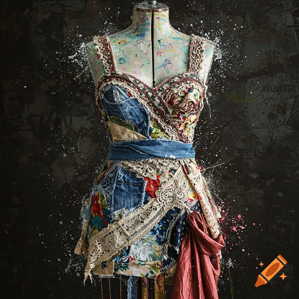 Mixed media dress on a dress form, made of denim, lace, and fabric patches, with paint splatters.