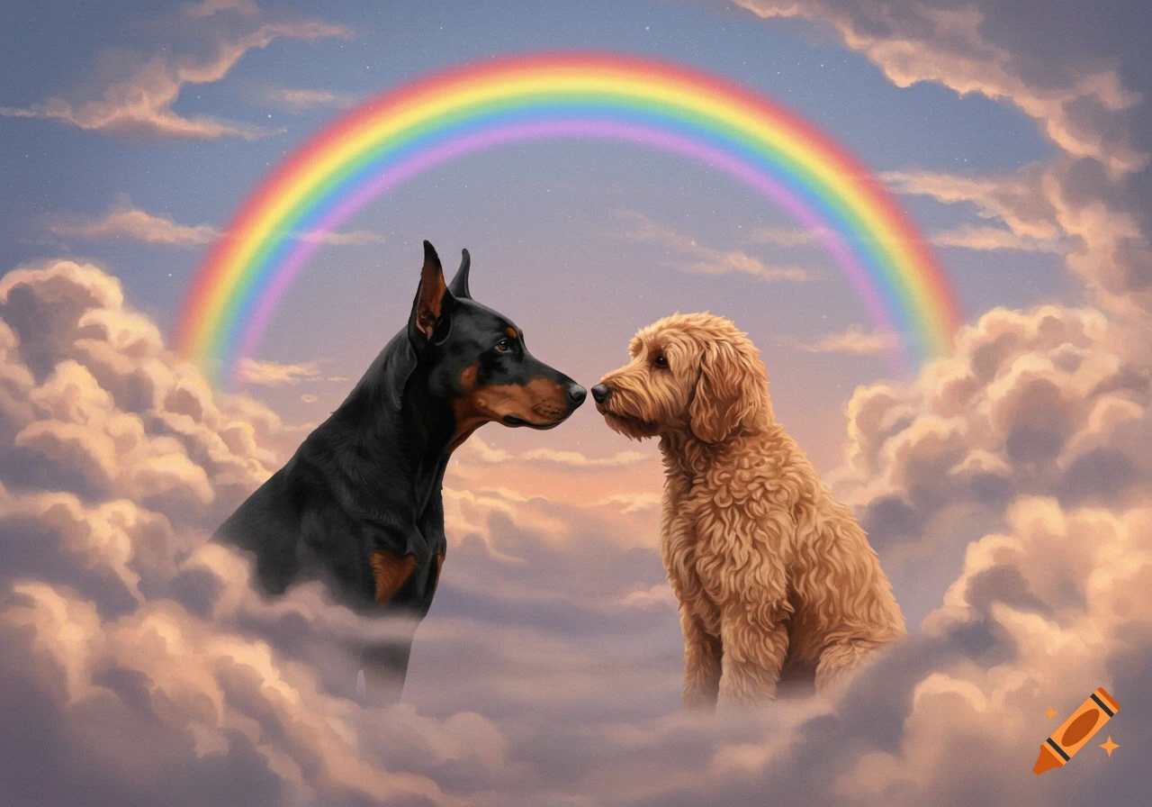 A black Doberman and a brown Goldendoodle touch noses among clouds under a rainbow.