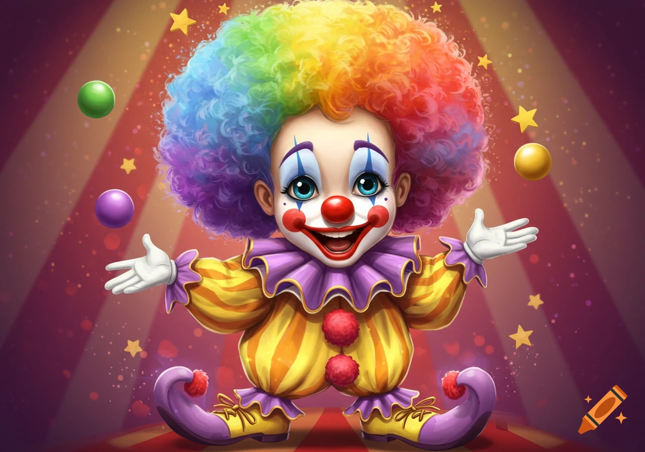 A cartoon baby clown with a rainbow afro juggles colorful balls in a circus tent.
