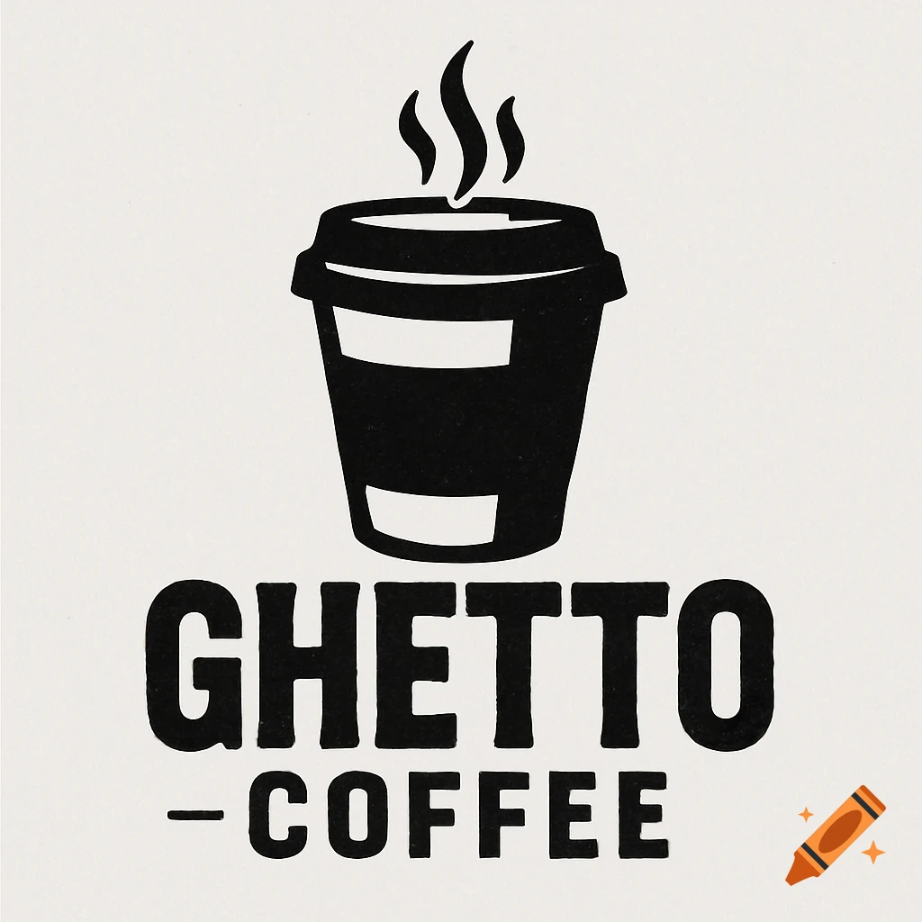 Black and white logo of a coffee cup silhouette above the words GHETTO -COFFEE.