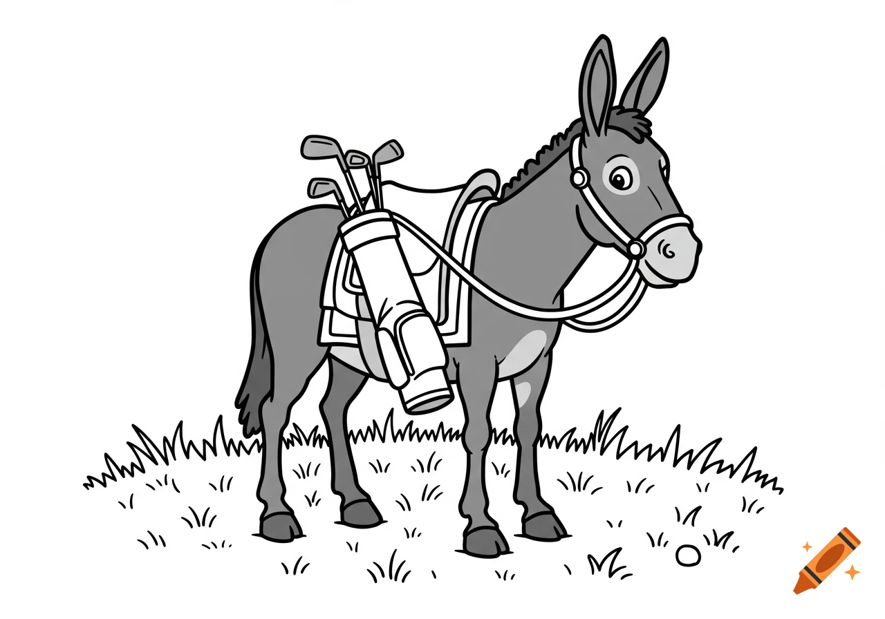 Black and white clip art of a mule acting as a golf caddy