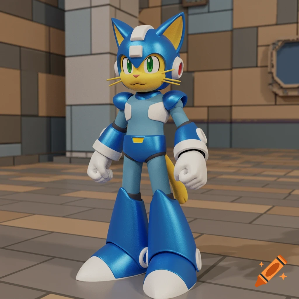 A blue and white robot cat character in a room, rendered in a PS1 style.