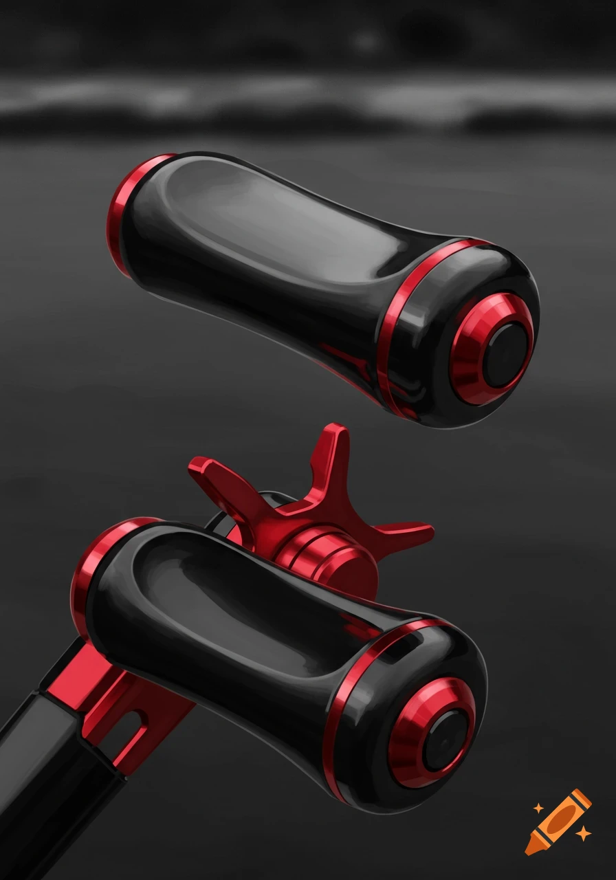 Close-up of black and red fishing reel handles.