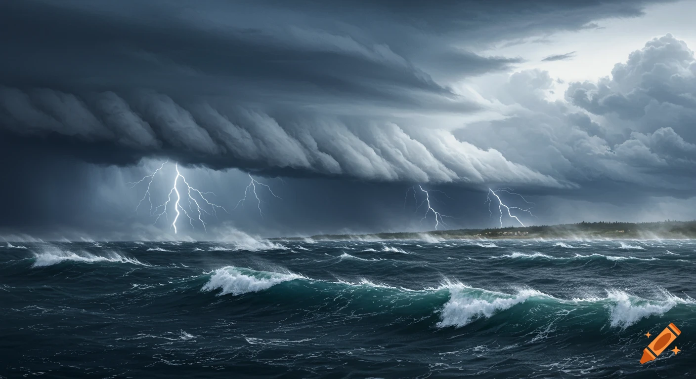 A stormy sea with large waves and lightning strikes under dark, heavy clouds.