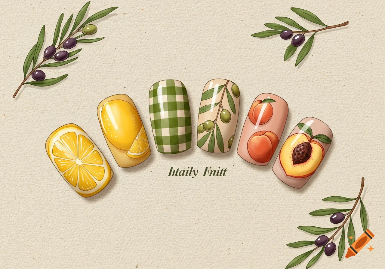Six false nails decorated with lemon, checkered, olive branch, and peach designs, surrounded by olive branches.