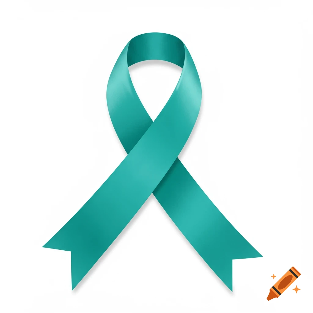 A teal awareness ribbon on a white background.