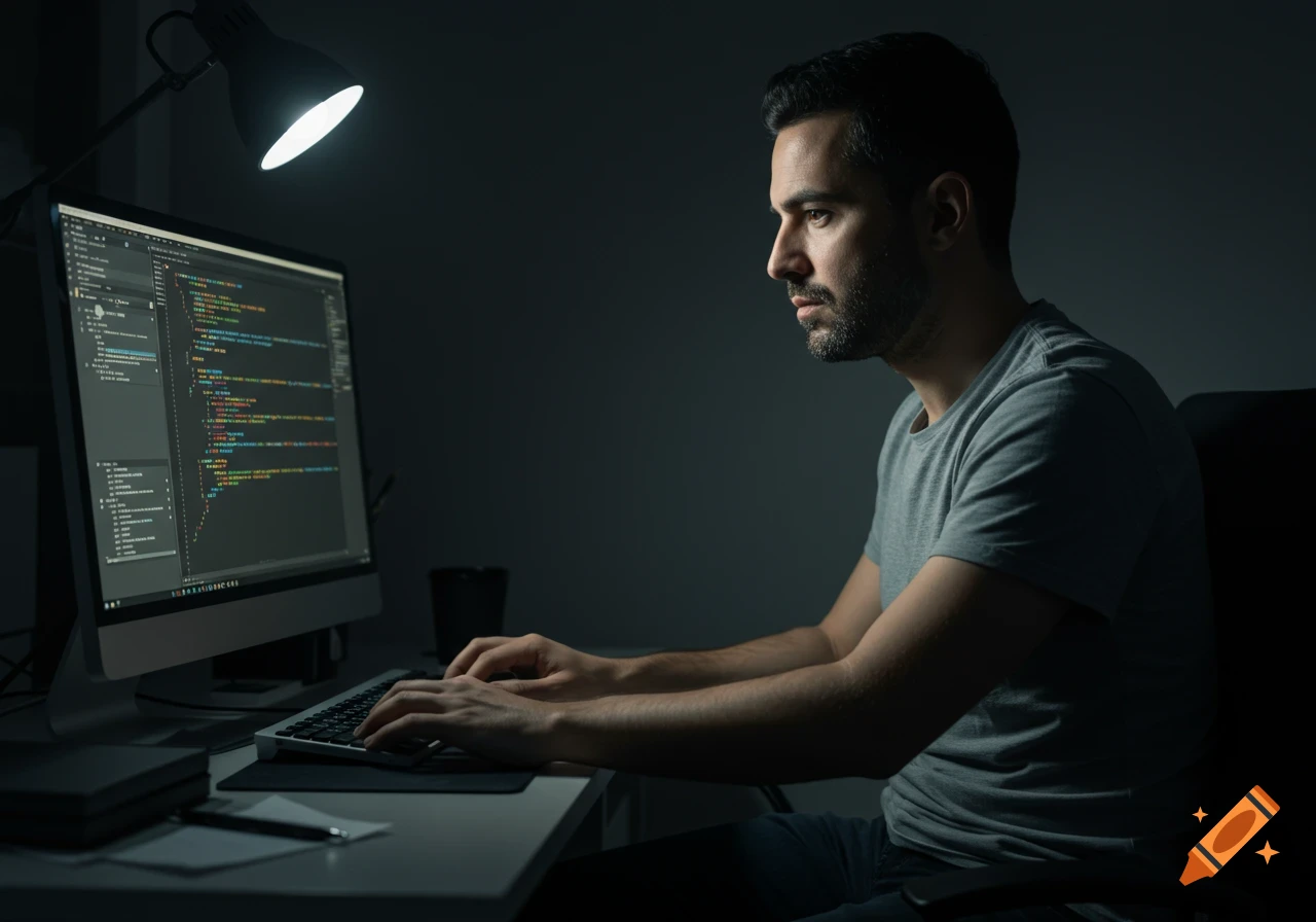 Photorealistic image of a man coding on a computer in a dark room.