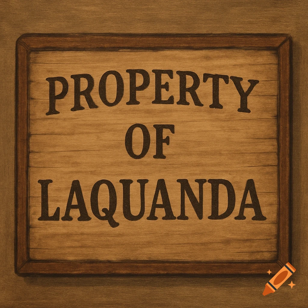 A wooden sign with the words 'PROPERTY OF LAQUANDA'.