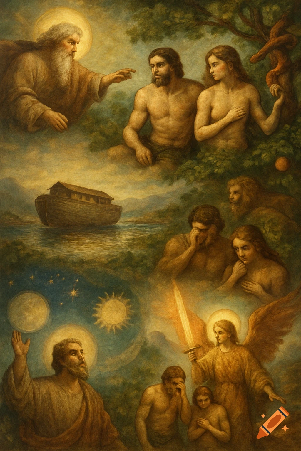 Painting depicting scenes from the Book of Genesis, including God creating Adam, Adam and Eve, Noah's Ark, and the expulsion from Eden.