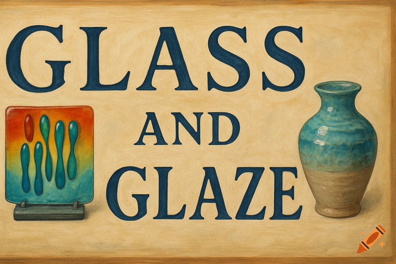 A wooden sign with blue text 'GLASS AND GLAZE', showing a colorful fused glass piece and a blue and brown glazed ceramic vase.
