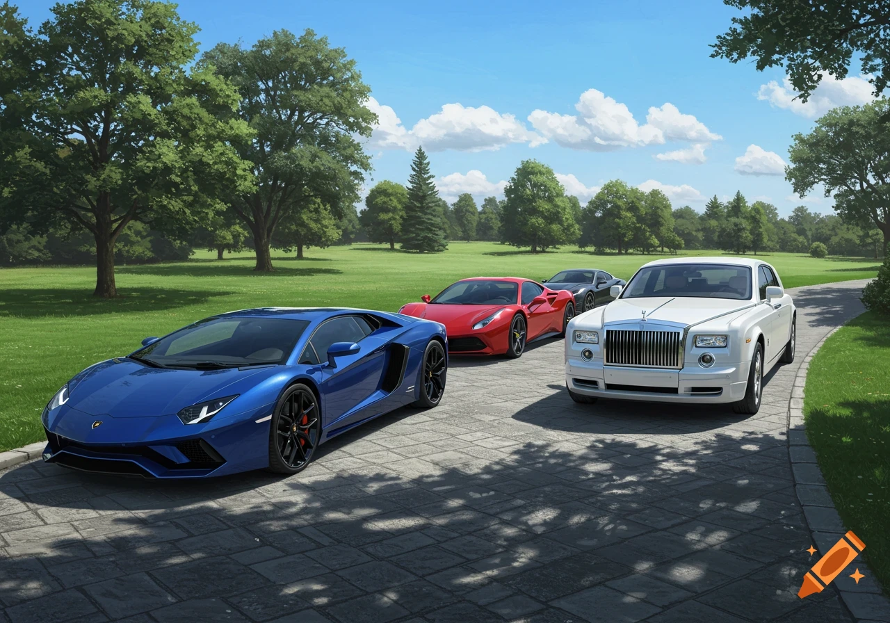 A blue Lamborghini, red Ferrari, and white Rolls-Royce parked on a paved driveway in a park-like setting with trees.