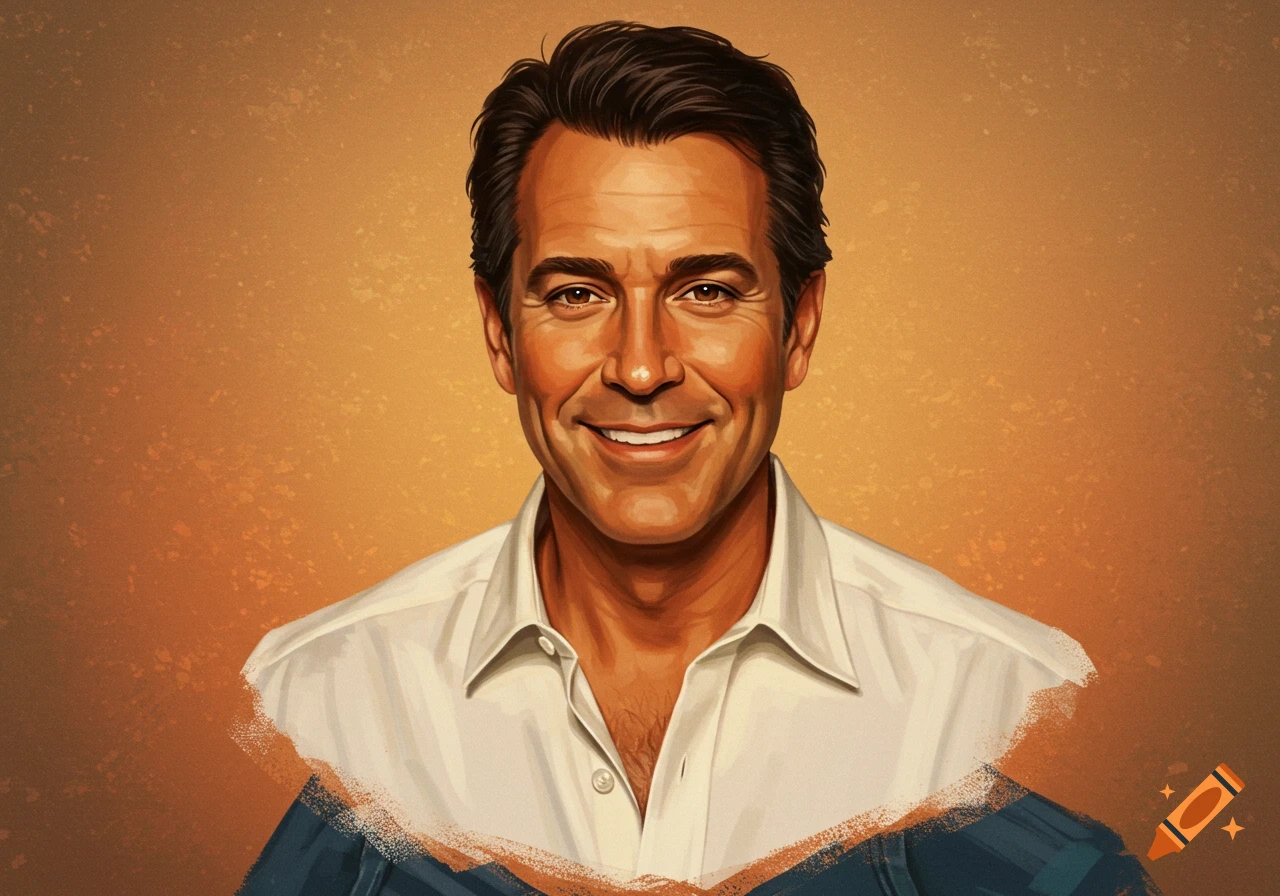 Smiling man in a white shirt, portrait illustration style.
