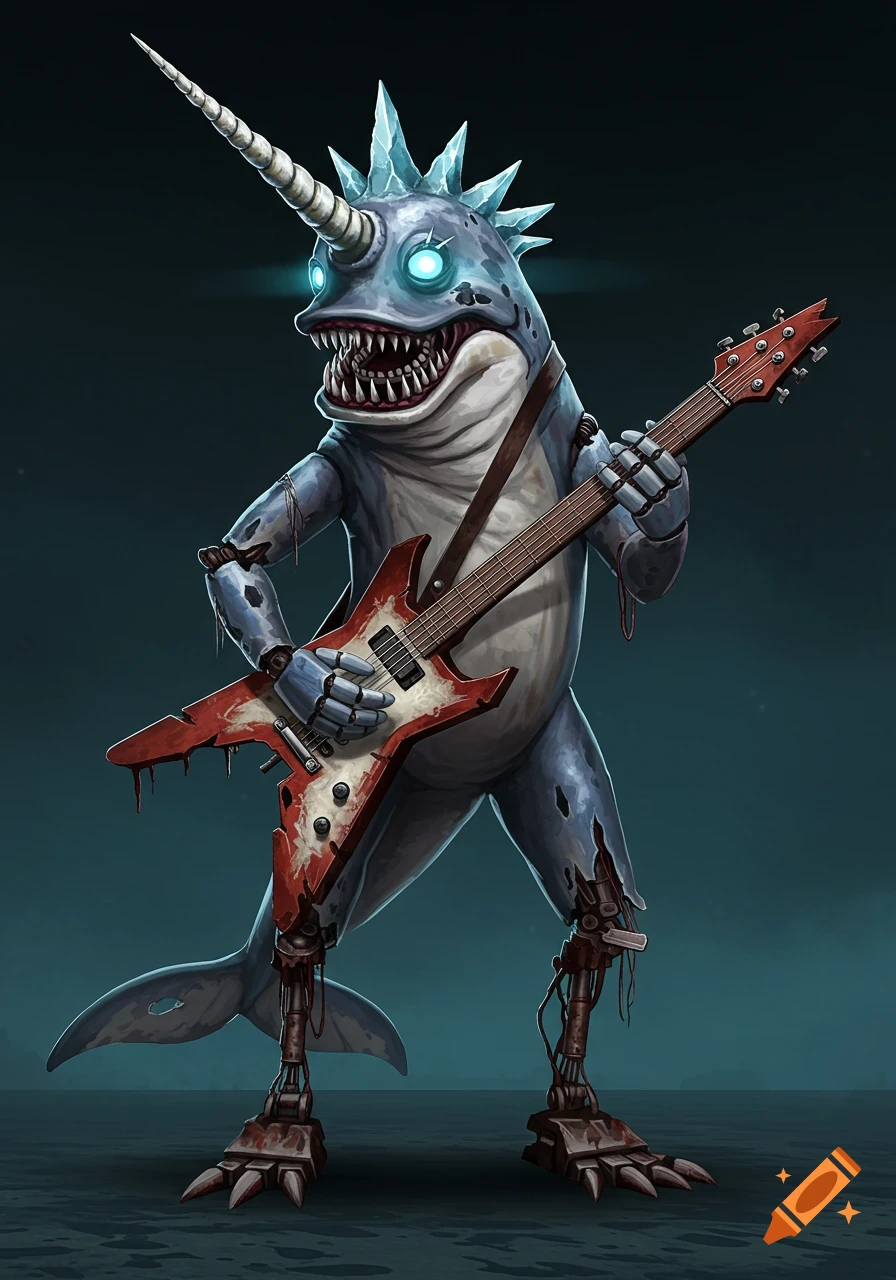 A monstrous animatronic narwhal with glowing blue eyes plays a rusty, broken electric guitar.