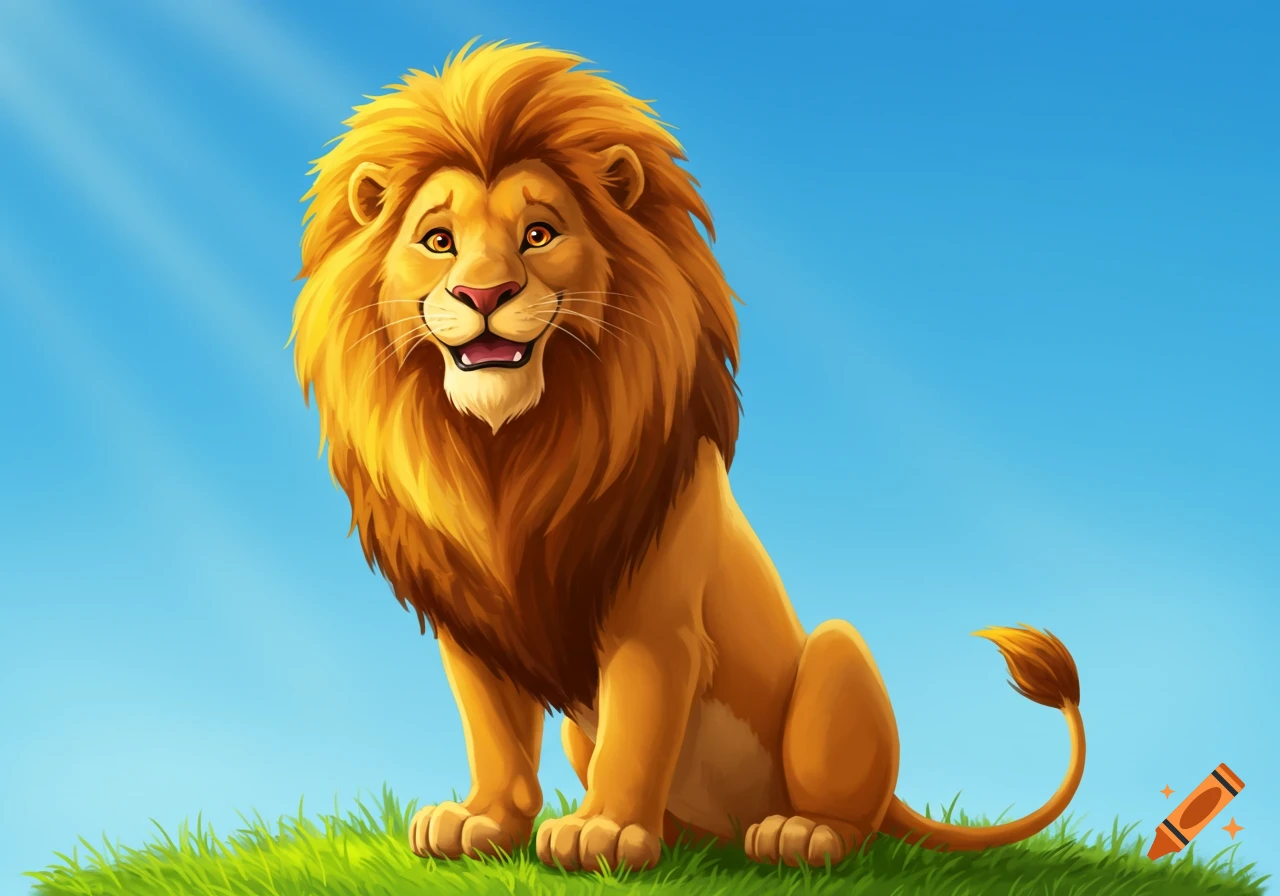 A cartoon lion with a fluffy mane sits smiling on green grass under a blue sky.