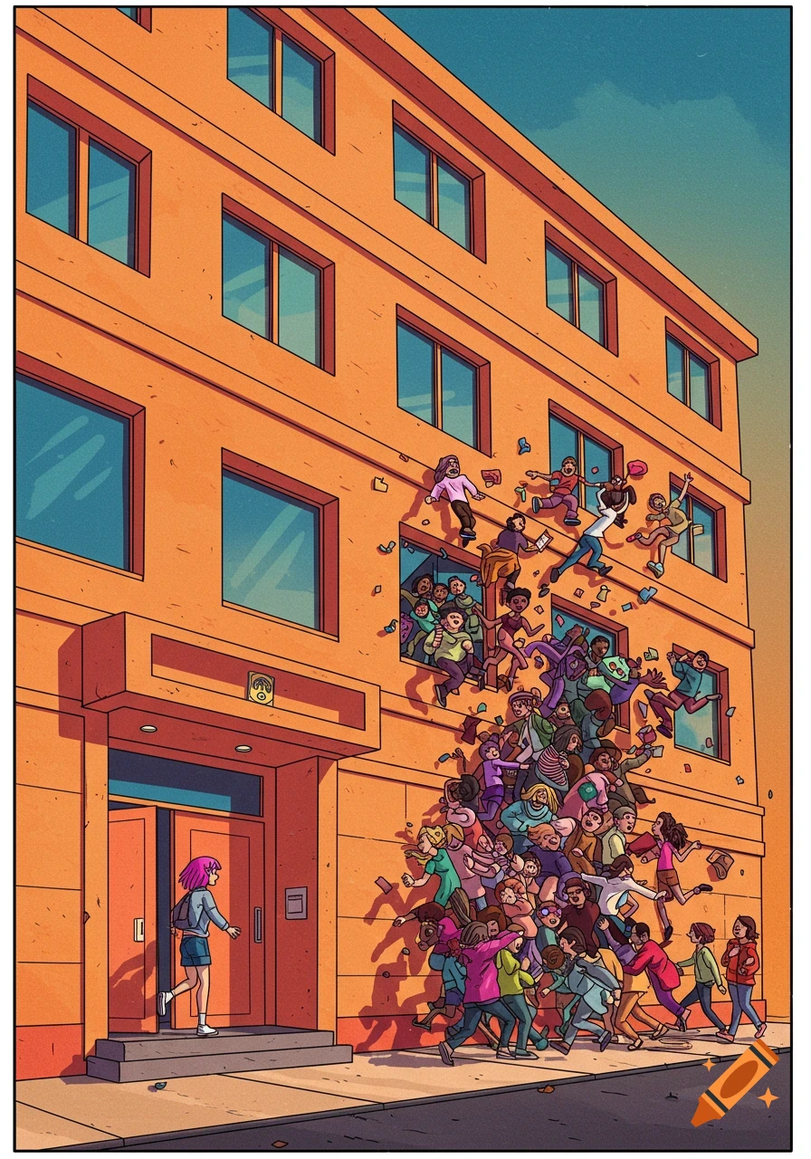 A cartoon illustration of many people escaping a building through windows and walls as one person approaches the front door.