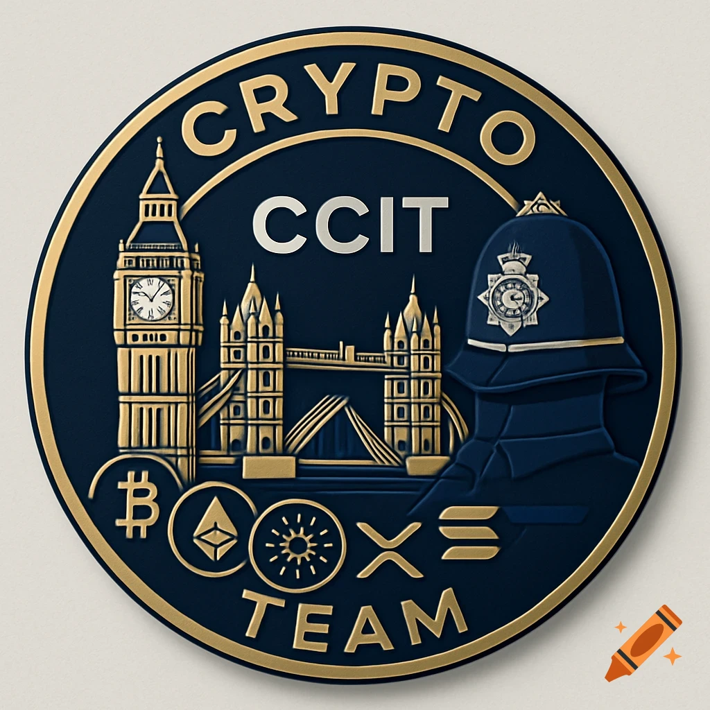 A challenge coin logo with London landmarks, crypto symbols, and text 'Crypto CCIT Team'.