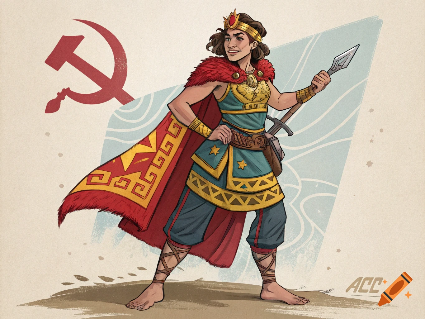 Stylized illustration of a warrior wearing a crown and cape, holding a spear, standing with a hammer and sickle symbol behind them.