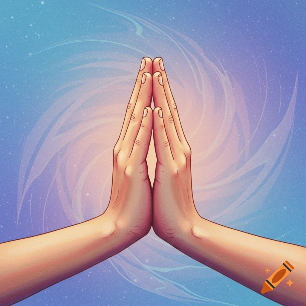 Hands pressed together in Anjali Mudra against a blue and purple swirling background.