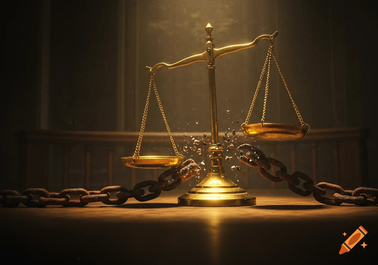Golden scales of justice breaking chains in a dark courtroom