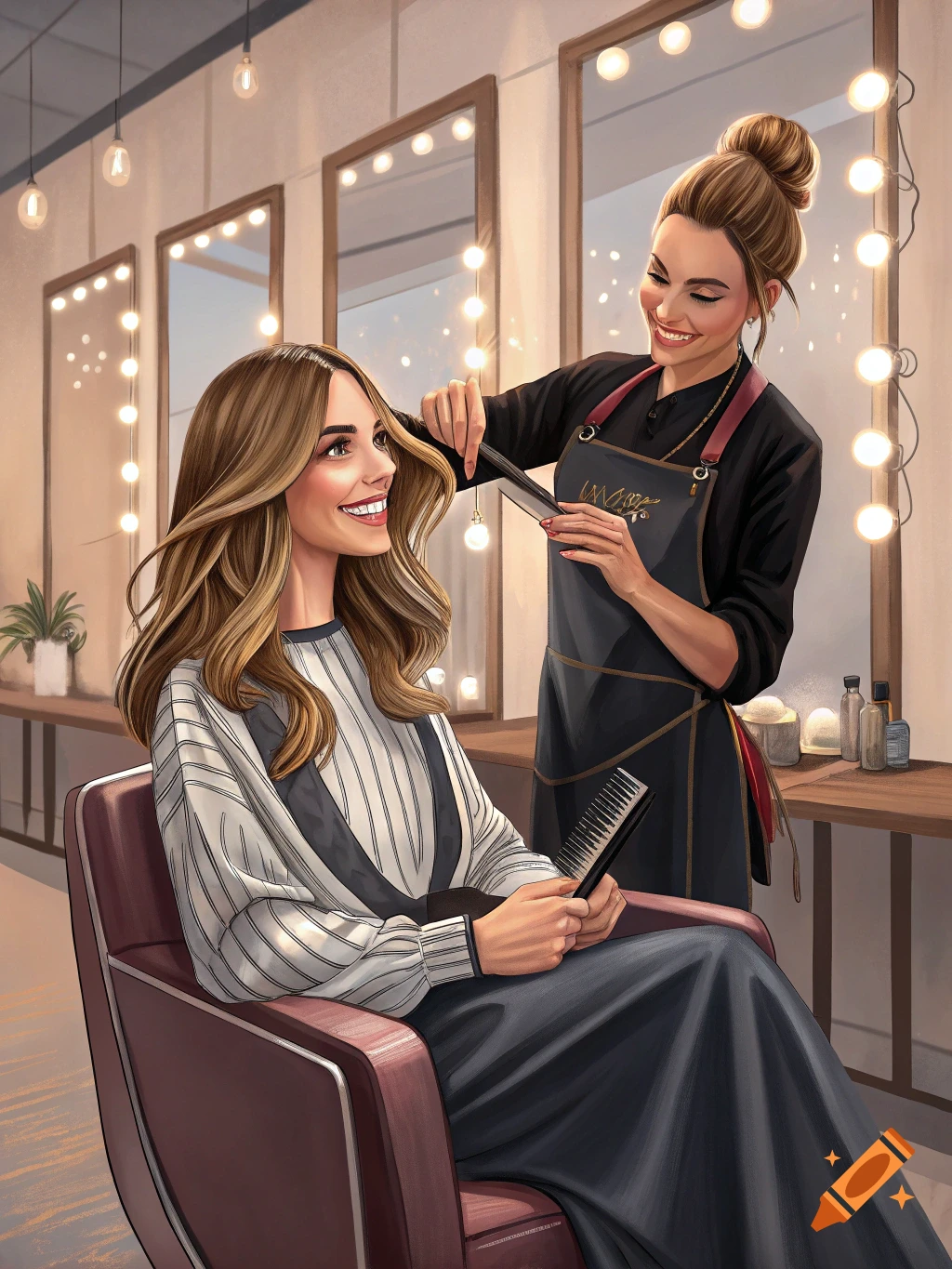 A woman getting a haircut from a stylist in a salon, realistic illustration.