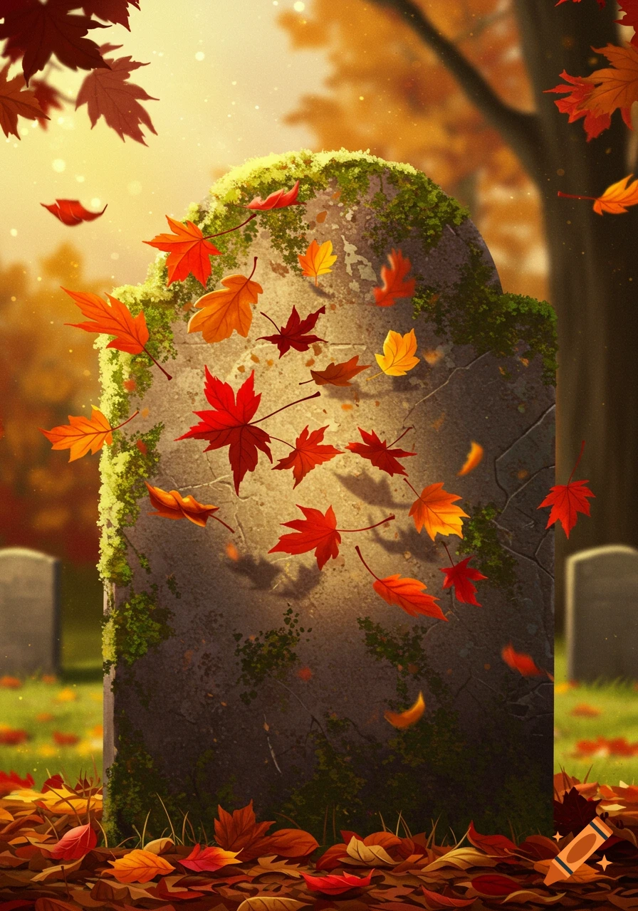 Colorful autumn leaves blowing around a mossy gravestone in a cemetery, digital art.