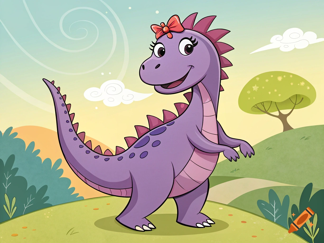 A purple cartoon dinosaur with a red bow smiles in a grassy landscape.