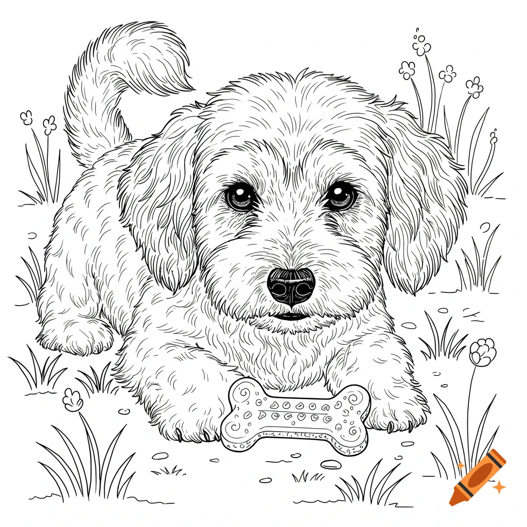 A line drawing of a puppy lying down with a bone in a field of grass and flowers.