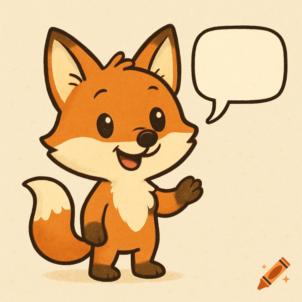 Cartoon fox waving with a speech bubble in a textured style