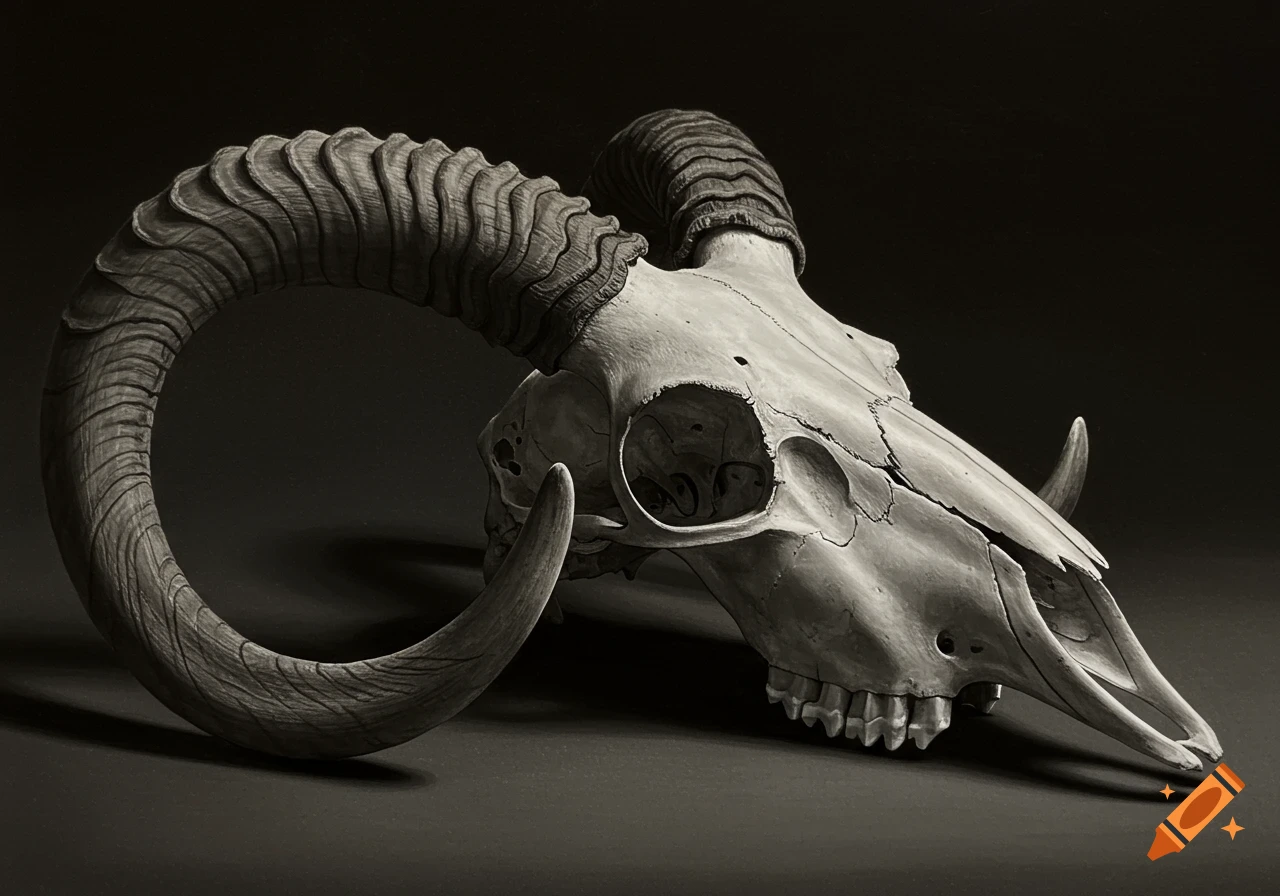 Hyperrealistic drawing of a goat skull with curved horns against a dark background.