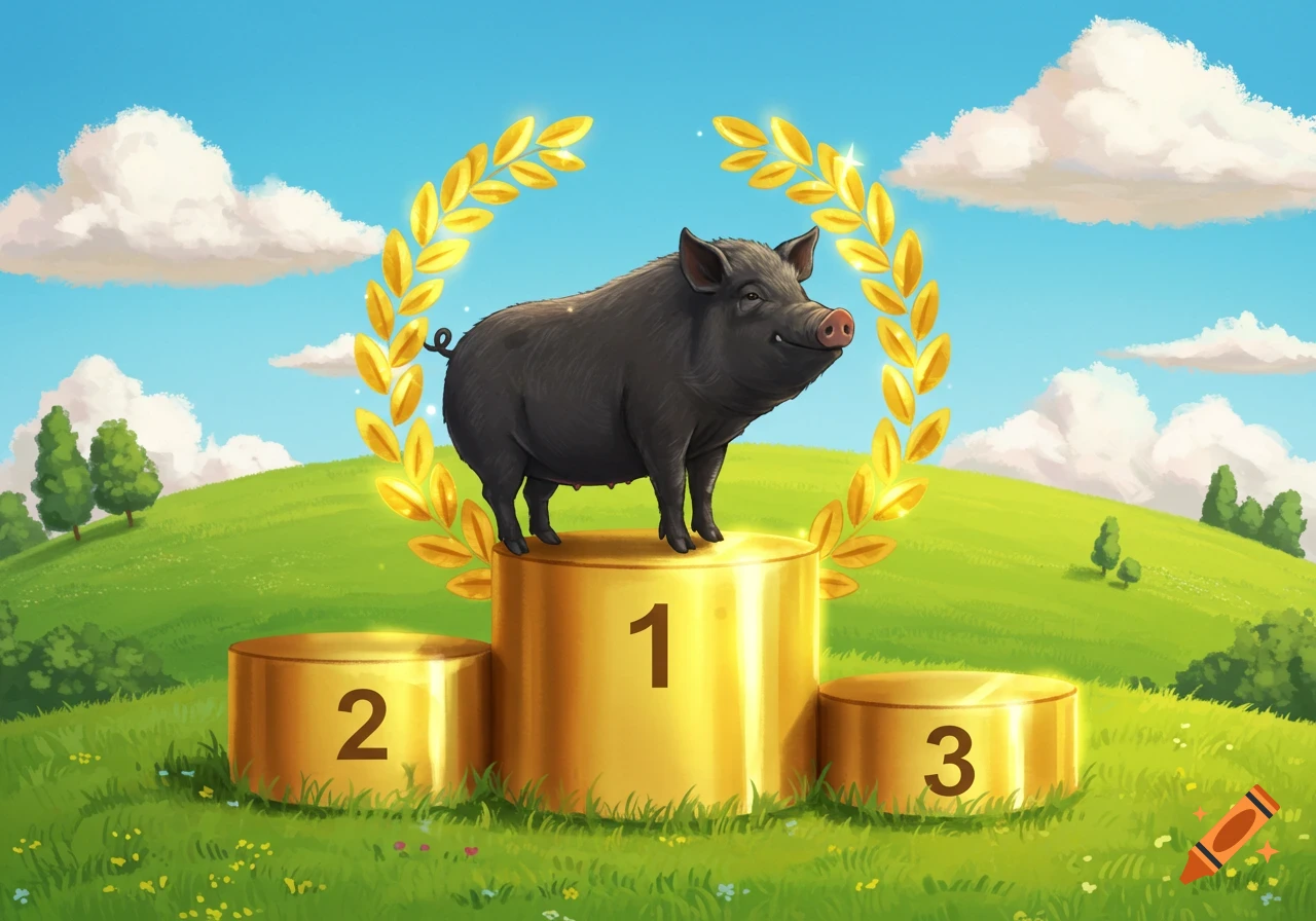 Cartoon illustration of a black pig standing on the gold first-place podium with a laurel wreath on a green hill.