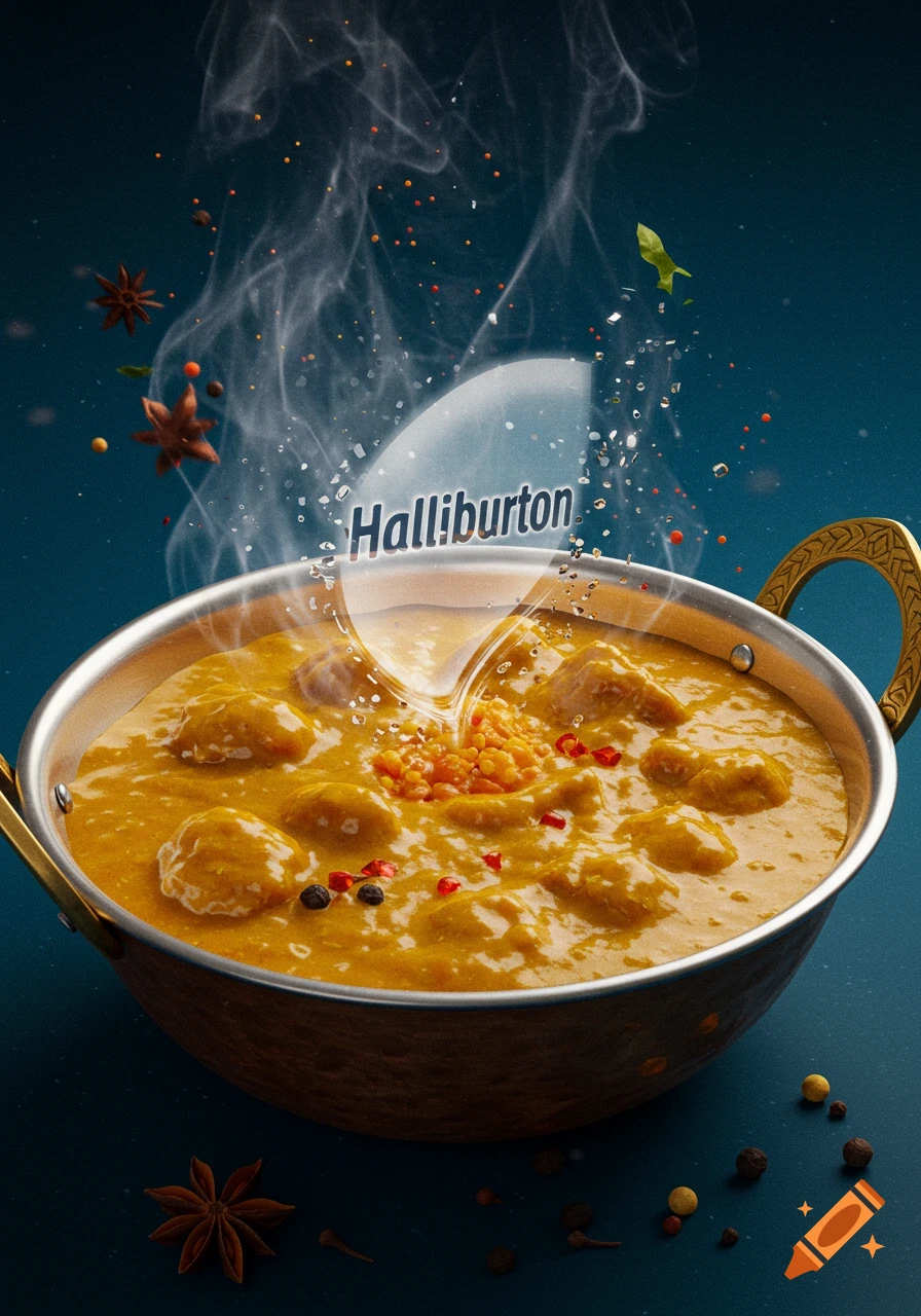 Steaming bowl of curry with spices and a splash containing the word Halliburton